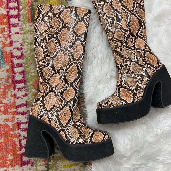 Nasty Gal Brown Black Snakeskin Print Chunky Platform Tall Knee High Boots 6 - Picture 2 of 4